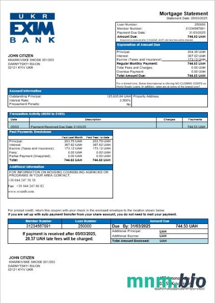 Ukraina Ukreximbank wyciąg z kredytu hipotecznego w formatach Word i PDF